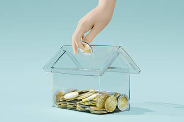 Three dimensional render of human hand inserting Euro coin into transparent house shaped coin bank - ECF02067