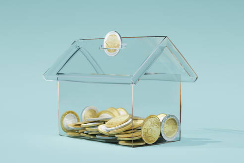 Three dimensional render of transparent house shaped coin bank - ECF02068