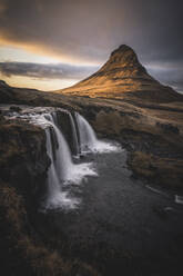 Kirkjufel volcanic mountain and watefall at sunset - CAVF95781