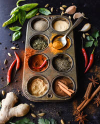 Metal tin full of various herbs and spices on a black background. - CAVF95803