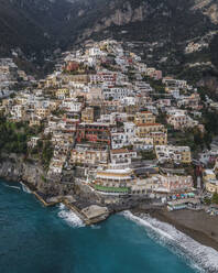 Panoramic aerial view of Positano, a beautiful town along the Amalfi coast at sunset, Salerno, Italy. - AAEF14162