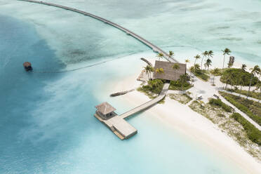 Luftaufnahme von tropischen Palmen auf einer Insel mit weißem Sandstrand, im Süd-Male-Atoll auf den Malediven. - AAEF14176