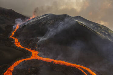 Aerial view of Cumbre Vieja volcano during an eruption with magma and lava in La Palma island, Canary Islands, Spain. - AAEF14229