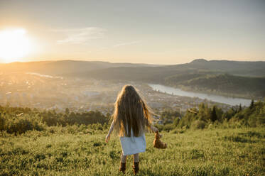 Mädchen mit langen Haaren hält Stofftier auf Wiese stehend - VBUF00032