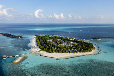 Aerial view of beaches and resort at Huruvalhi island, Maldives, Asia - AMF09448