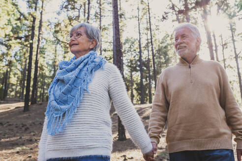 Smiling senior couple holding hands in forest - SIPF02801