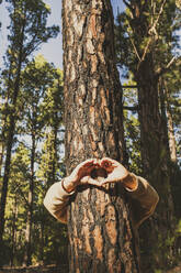 Senior Mann gestikuliert Herzform hinter Baumstamm im Wald - SIPF02805