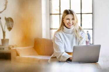 Happy businesswoman with laptop sitting at home - DMOF00207