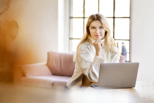 Lächelnde blonde Geschäftsfrau, die mit einem Laptop zu Hause sitzt - DMOF00208