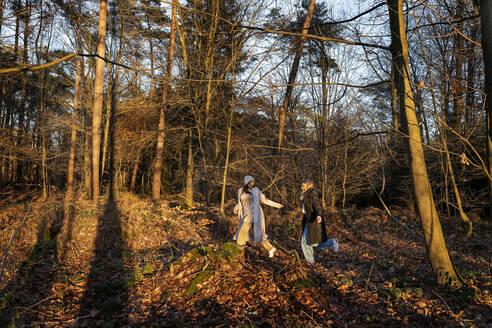 Freunde laufen zusammen im Wald an einem sonnigen Tag - DMOF00296
