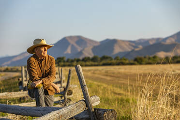 USA, Idaho, Bellevue, Rancher lehnt an Zaun auf Feld - TETF00624