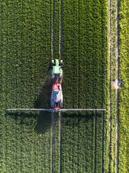 Luftaufnahme Traktor beim Besprühen eines üppigen grünen Feldes, Baden-Württemberg, Deutschland - FSIF05911