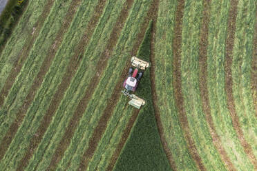 Aerial view from above tractor harvesting green hay field, Auvergne, France - FSIF05921