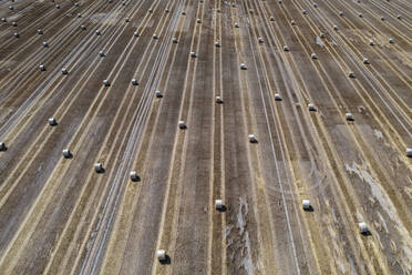 Luftaufnahme geerntete gerollte Heuballen in einem sonnig gestreiften Bauernhof - FSIF05945