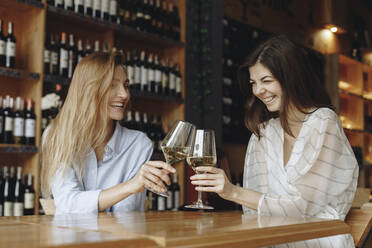 Junge Frauen stoßen mit einem Glas Weißwein an - TETF00692