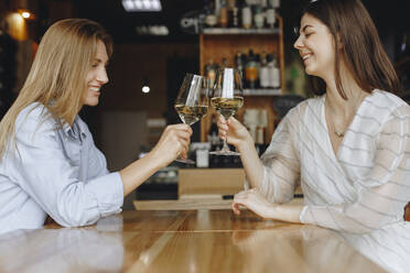 Junge Frauen stoßen mit einem Glas Weißwein an - TETF00695