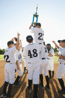 USA, Kalifornien, Ladera Ranch, Jungen (10-11) aus der Little League feiern nach ihrem Sieg - TETF01225