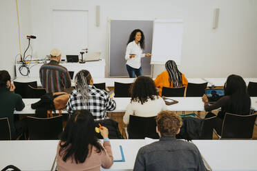 Lächelnder Professor unterrichtet Studenten an einem Flipchart im Klassenzimmer - MASF29089