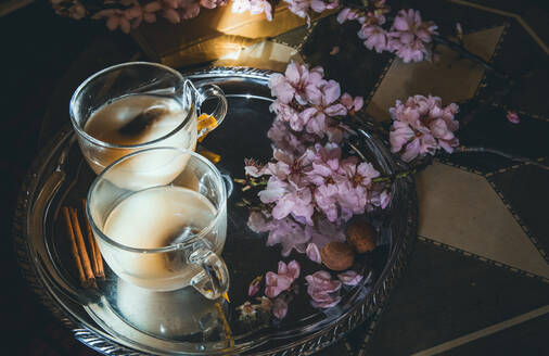 From above of glass cups full of tea with milk served on tray with cinnamon sticks and branches of flowers in room with sunbeam - ADSF33887