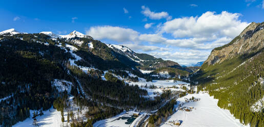 Germany, Bavaria, Oberstdorf, Helicopter panorama of hamlet Birgsau in Allgau Alps - AMF09454