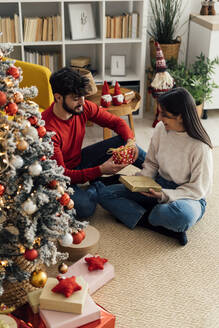Lächelndes Paar, das ein Geschenkpaket hält, das zu Hause unter dem Weihnachtsbaum steht - GIOF14908