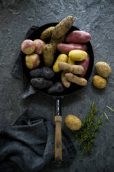 Studioaufnahme einer Bratpfanne mit verschiedenen Sorten roher Kartoffeln - ASF06808