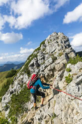Wanderin klettert am Seil entlang auf den Gipfel des Aiplspitz - FOF12986