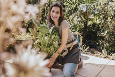 Lächelnder Gärtner kniend bei einer Topfpflanze im Garten - MFF08820