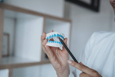 Dentist showing denture model in clinic - MFF08879