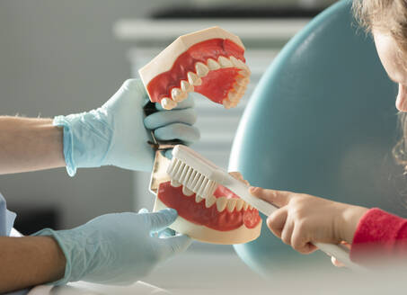 Zahnärztin unterrichtet Mädchen bei der Mundhygiene in einer medizinischen Klinik - JCCMF05860