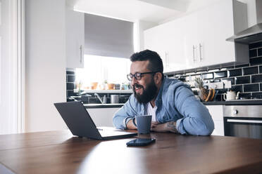 Smiling freelancer with laptop working at home - ASGF02207