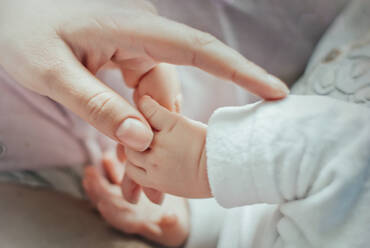 Newborn baby holding mother's hand. - CAVF95862