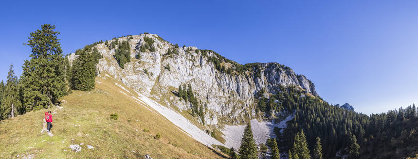 Panoramablick auf eine Wanderin, die die Landschaft der Bayerischen Voralpen bewundert - FOF13039