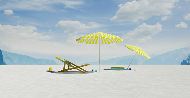 Three dimensional render of deck chair and beach umbrellas on deserted beach in summer - VTF00661