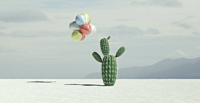 Three dimensional render of bunch of balloons tied to desert cactus - VTF00662