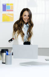 Smiling businesswoman with laptop at desk in office - GIOF14945