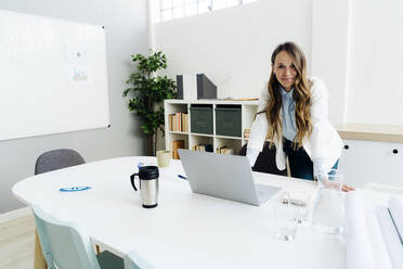 Smiling businesswoman with laptop at desk - GIOF14982