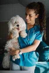 Veterinarian holding and petting a fluffy white dog and smiling. - CAVF96067