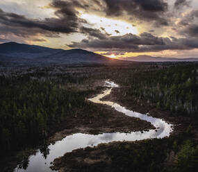 Ein Bach schlängelt sich bei Sonnenuntergang in den Wäldern von Maine durch ein Sumpfgebiet - CAVF96147