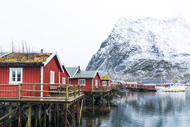 Traditionelle strohgedeckte rote Hütten mit dem majestätischen Berg Reinebringen im Hintergrund, Hafen Reine, Lofoten, Norwegen, Skandinavien, Europa - RHPLF21871