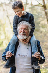 Positive elderly man with glasses and beard in casual clothes looking at camera and carrying smiling little boy on shoulders in autumn park on blurred background - ADSF34217