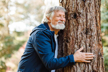 Side view of elderly man with gray hair and beard hugging tree in autumn forest with closed eyes on blurred background - ADSF34221