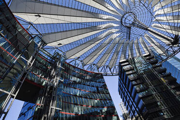 Tented glass roof dome with skyscrapers of the Sony Center, Potsdam Square, Berlin, Germany, Europe - RHPLF21937