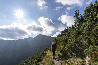 Sun shining over female hiker in Karwendel range - FOF13057