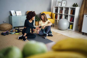 Frauen im Gespräch miteinander im Wohnzimmer zu Hause sitzend - GIOF15049
