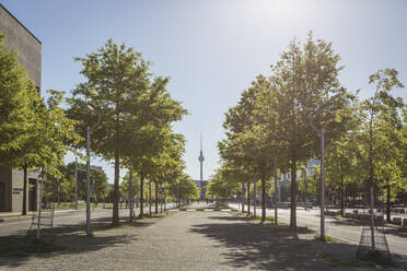 Deutschland, Berlin, Baumgesäumte Straße im Regierungsviertel mit Berliner Fernsehturm im Hintergrund - ASCF01674