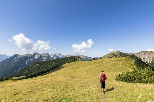 Wanderer mit Rucksack auf dem Berg an einem sonnigen Tag - FOF13089