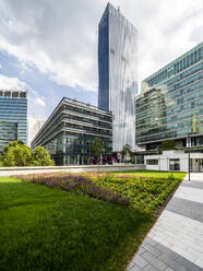 Österreich, Wien, Blumenbeet in der Donau City mit DC Tower 1 im Hintergrund - AMF09465