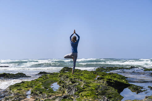 Frau steht auf einem Felsen in Baumhaltung und macht Yoga am Strand - DIGF17781