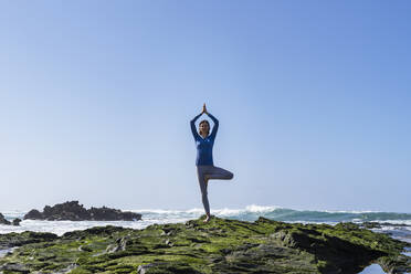 Woman practicing tree pose yoga on rock at beach - DIGF17783